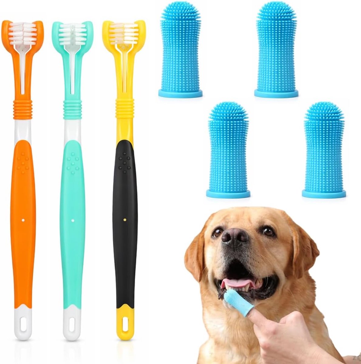 7 stuks tandenborstel voor honden en katten, zachte borstels van siliconen, stoffen vingerborstels voor huisdieren, reiniging van de tanden van de kwasten.