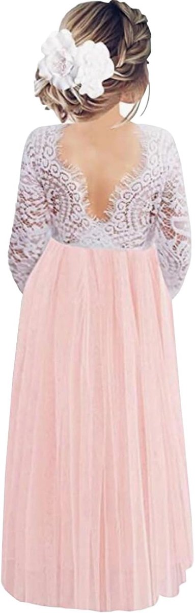 Feestjurk voor meisjes, kant, V-hals, rug, mouwloos, wollig, tule, prinsessenjurk, feestjurk, bloemenmeisjesjurk