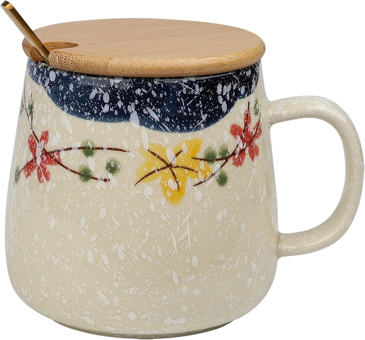 Retro keramische koffiemok, unieke vintage prachtige geglazuurde kopjes met lepel en deksel, 13oz oven verandering klei thee kopje creatief cadeau voor vrienden/minnaar (pruimenbloesem)