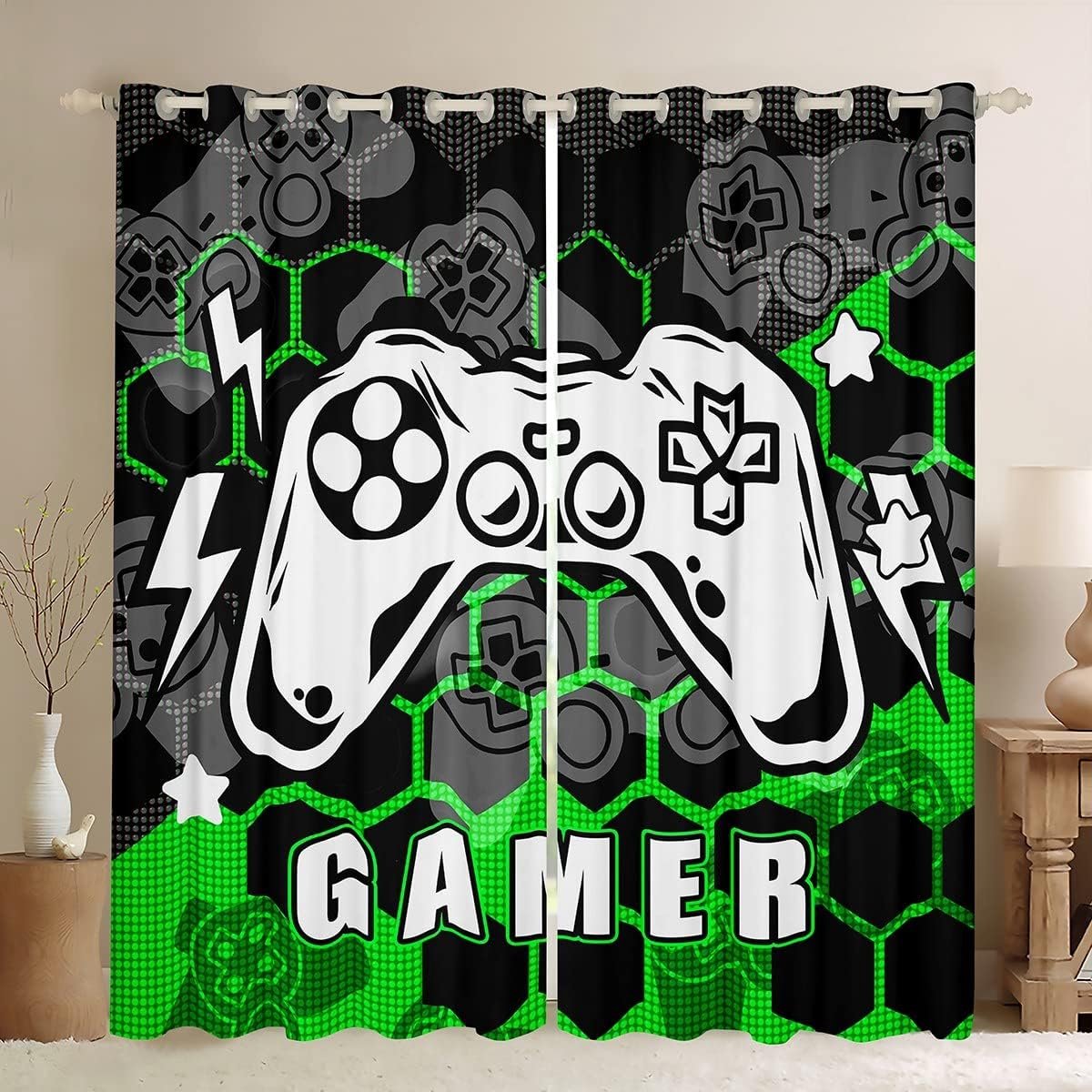 Gamer Gordijnen Videospel Gaming Gordijnen voor Slaapkamer Woonkamer voor Kinderen Groene Honingraat Gamepad Raamgordijnen Stijlvolle Gordijnen W66*L72