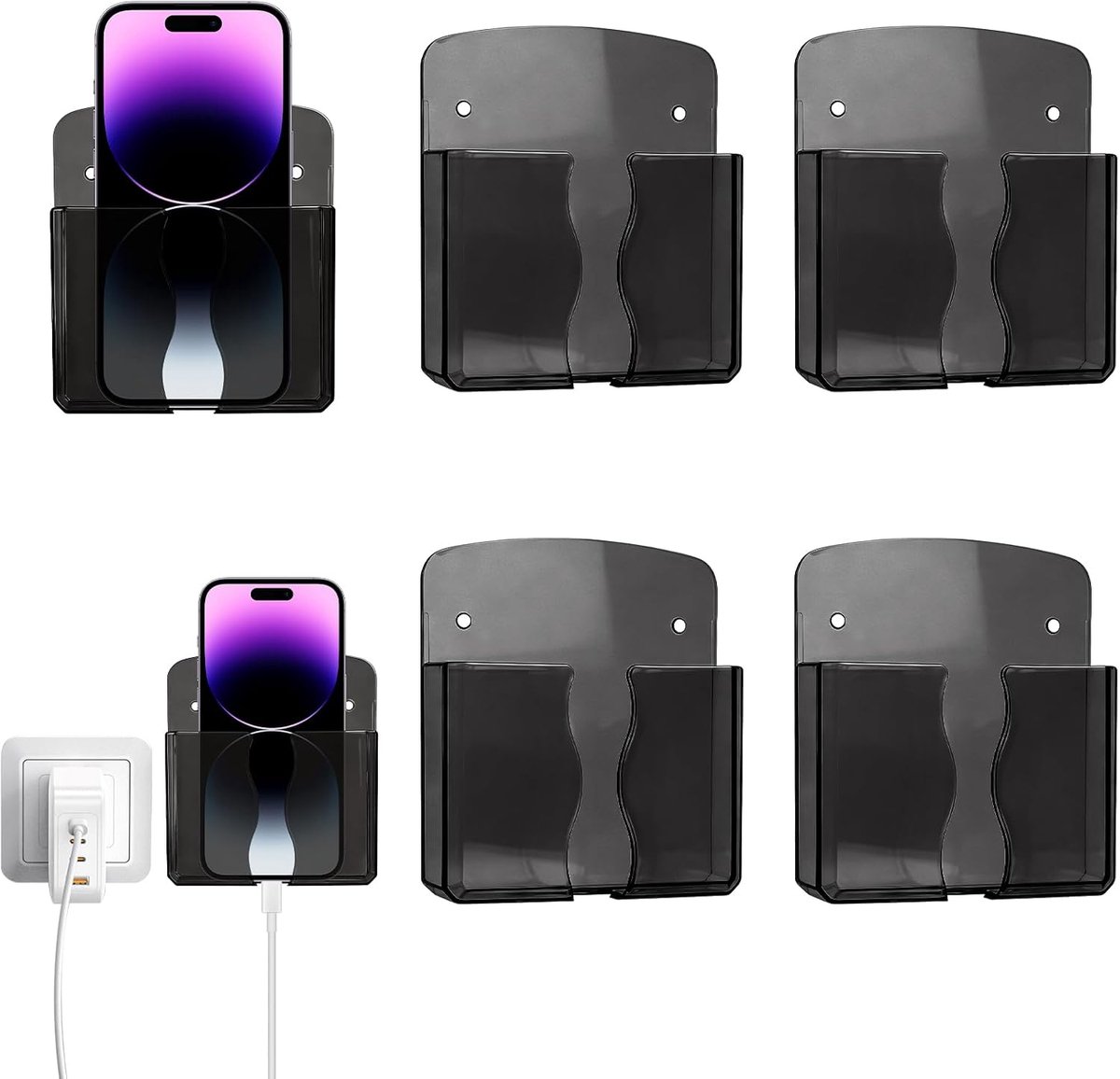 Wandhouder voor mobiele telefoon, 4 stuks, telefoonhouder, wandafstandsbediening, houder, lijm, oplaadstandaard, datakabelopnamegat, wandhouder, mobiele telefoon voor douchebed, nachtkastje, mobiele