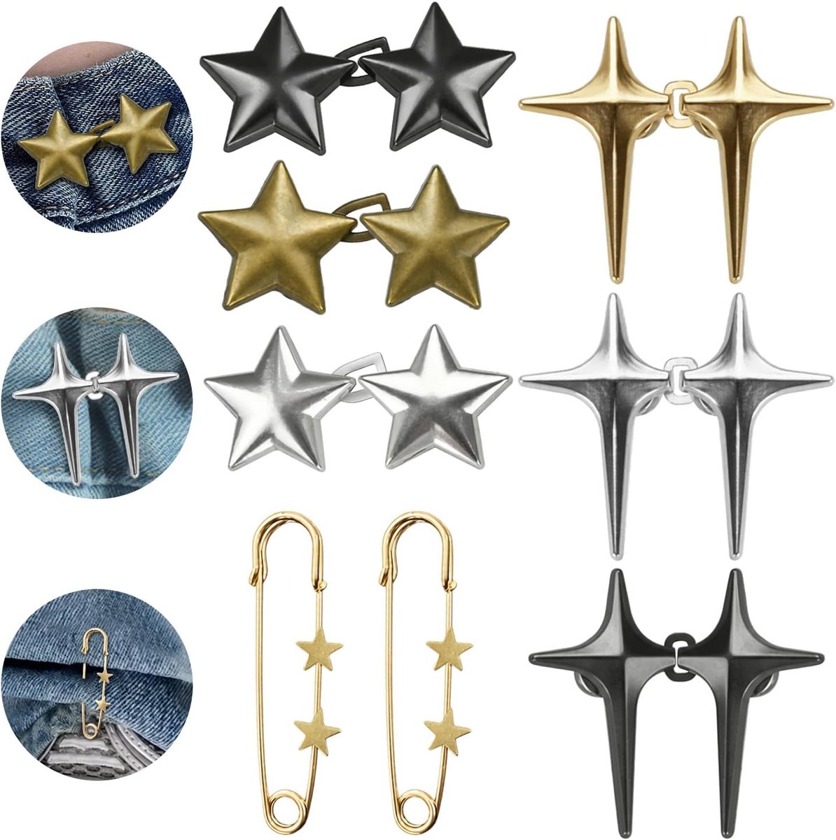 6 paar sterren jeans taille clips | 2 broek knoop vastmaakpinnen, voor jeans, broeken en rokken