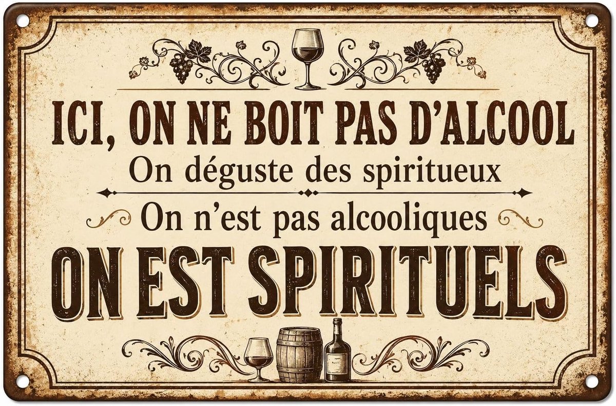 Bord, vintage, humor, 30 x 20 cm, originele keukendecoratie met humoristisch citaat, vintage metalen plaat met 4 stickers, decoratief retro wandbord voor bar, kelder, bistro en huis