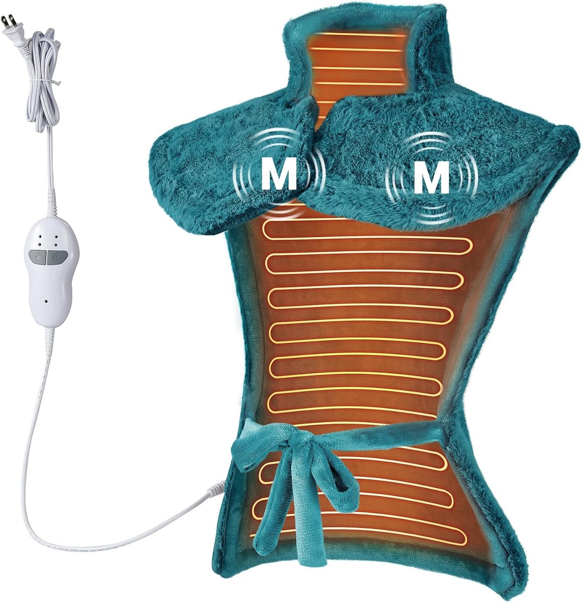 Verwarmingskussen voor rug, schouder, nek, automatische uitschakeling, warmtekussen met massage, snelle opwarming, rugwarmer, flanellen materiaal, groen, 2 motoren
