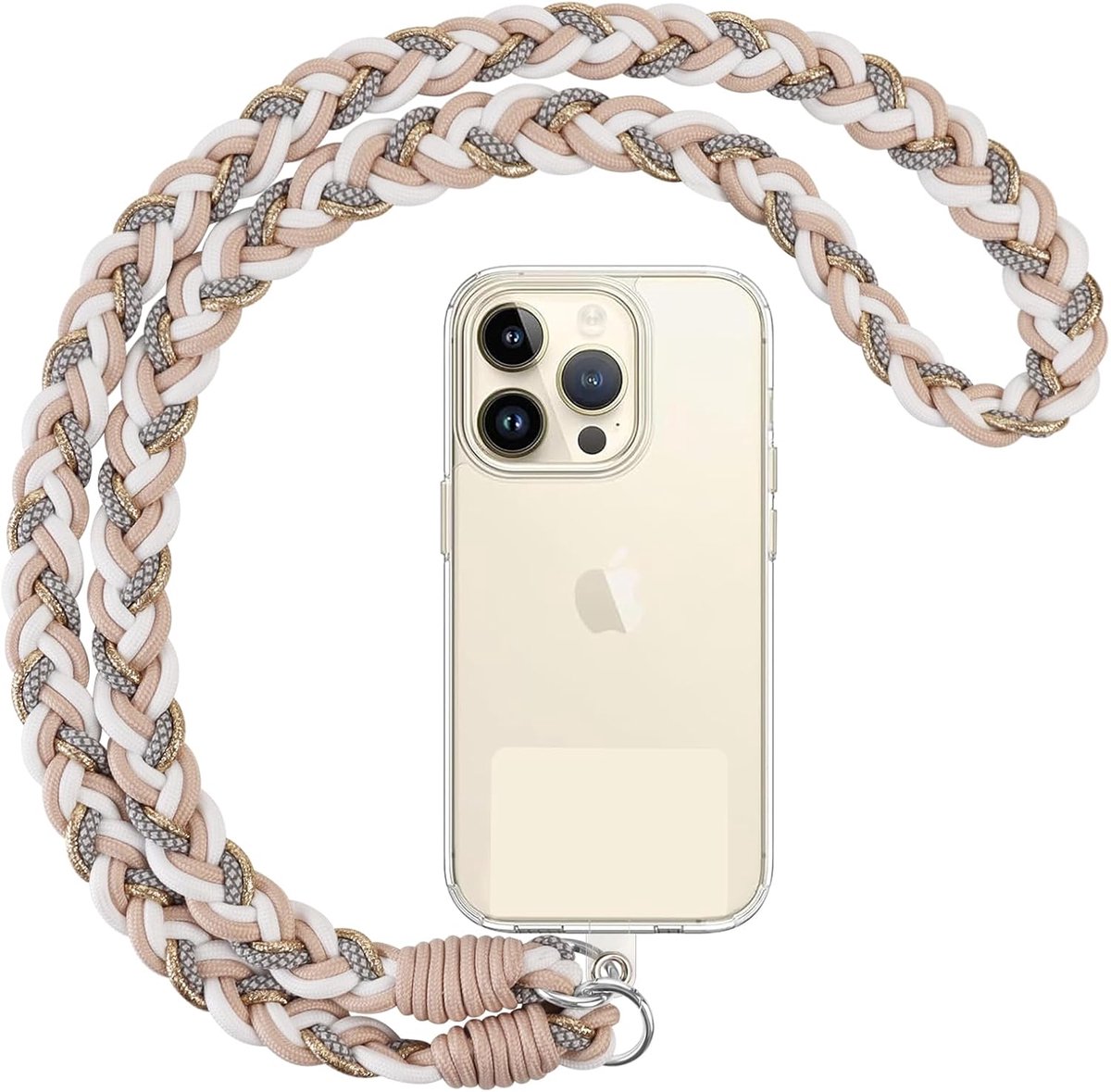 Telefoonkoord, geschikt voor alle smartphones, afneembare schouderband, nylon ketting, halsketting, schouderriem met patchbevestiging, wit, goud, kaki