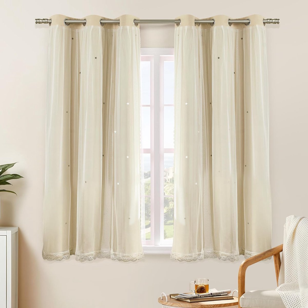 Verduisteringsgordijn voor slaapkamer dubbellaags 86 x 137 cm van polyester met voile sterrendesign schuifdeur meerkleurig beige 86/137