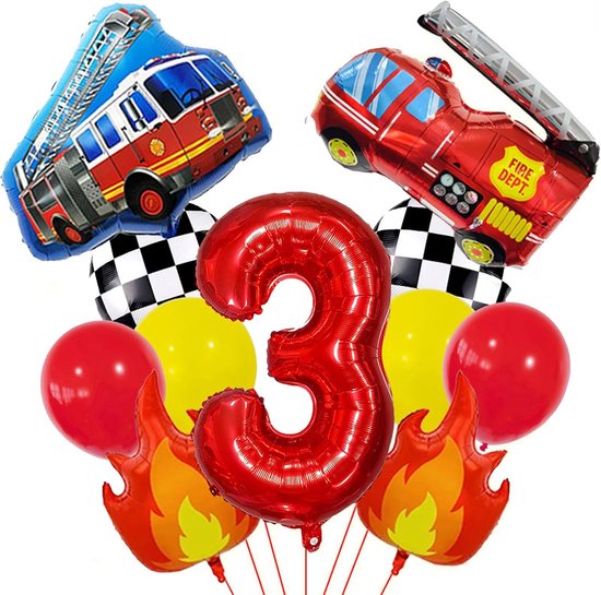 Ballonnen brandweerman met lint, 11 stuks verjaardagsdecoratie brandweer - XXL ballon nummer 3, rode vlam & ambulance en brandweerwagen ballon, decoraties voor verjaardagsfeest (3)