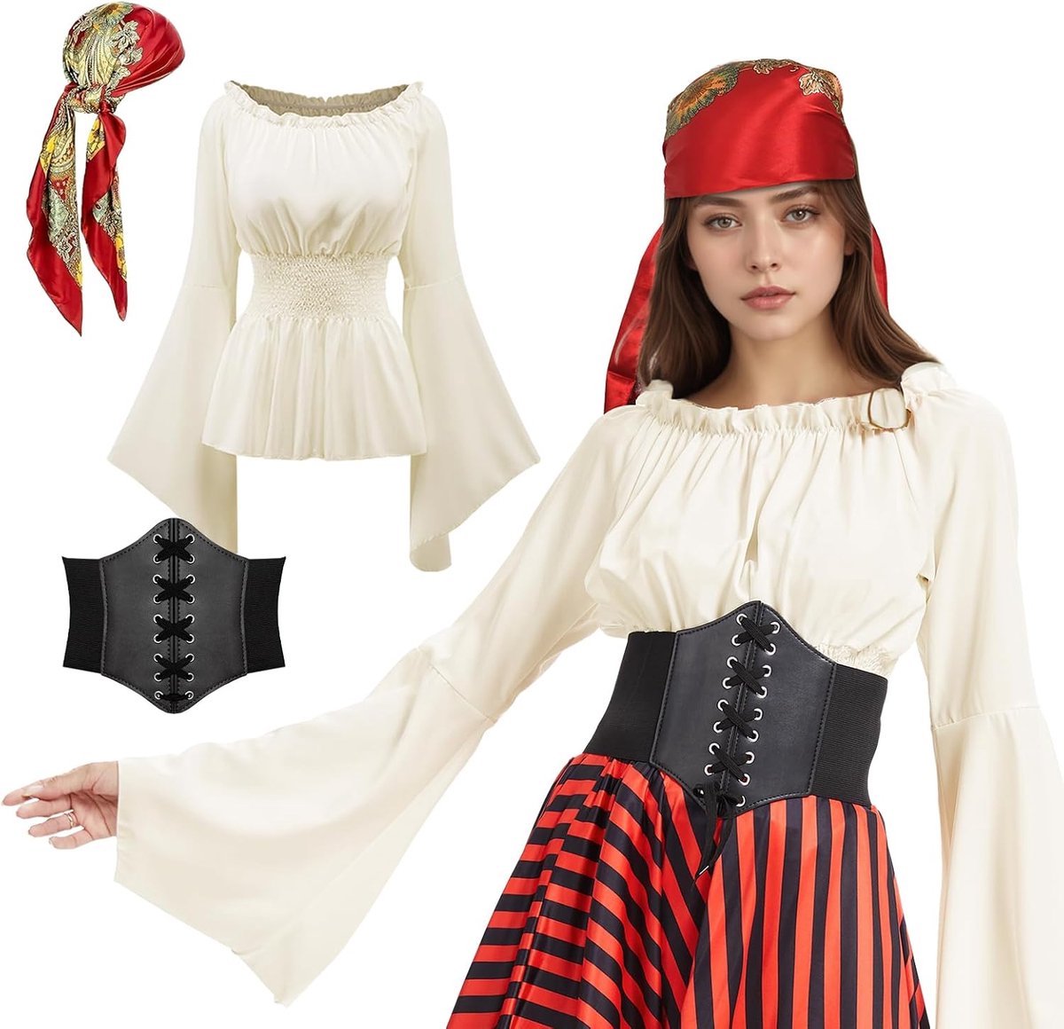 Piratenkostuum voor dames, middeleeuwen, piratenhoofddoek, sjerp, piratenkostuum, set voor carnaval, cosplay