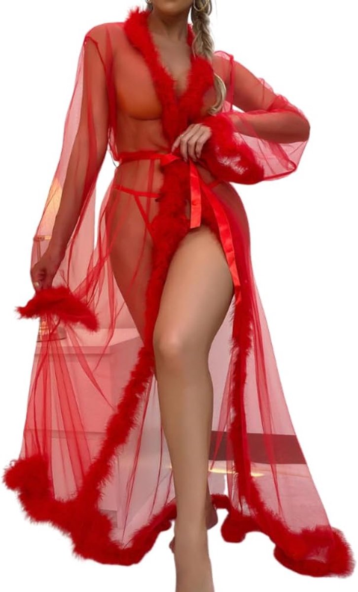 Badjas met veren voor dames, transparant, visnet, kimono, robe, diepe V-hals, bruid, babydoll, extra lang nachthemd, bikini-cover-up, lingerie, kant, licht, doorzichtig negligé