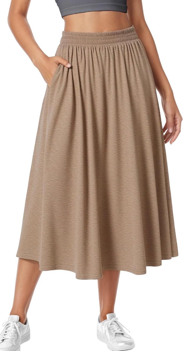 Damesrok, hoge taille, midi-rok, effen, vrijetijdsrok met zakken, losse A-lijn, lange elastische taille, plisseerrok