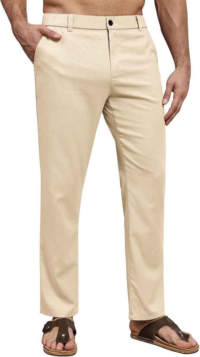 Linnen broek voor heren, casual, zomer, strandbroek, recht, ademend, kreukvrij, elastische tailleband met zakken