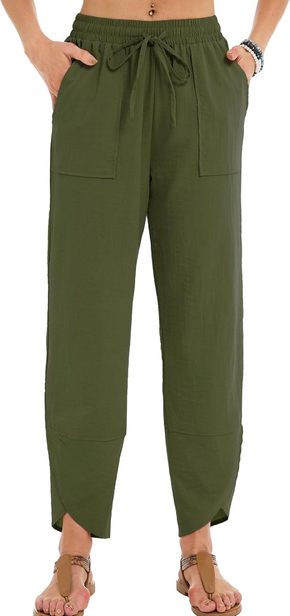 Stoffen broek 7/8 lichte luchtige zomerbroek hoge taille wijde pijpen vrijetijdsbroek met zakken losse strandbroek
