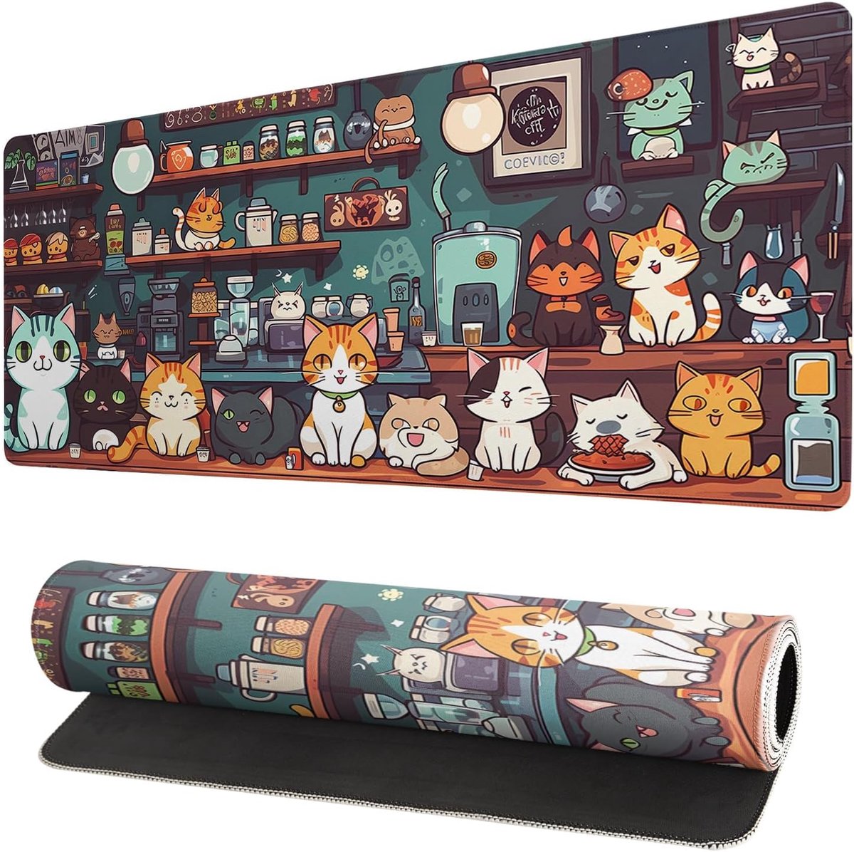 Gaming-muismat XXL, 800 x 300 mm, gamer muismat met naden aan de randen, onder de hand voor kantoor, accessoires voor kantoor, antislip rubberen onderkant, oppervlak kat