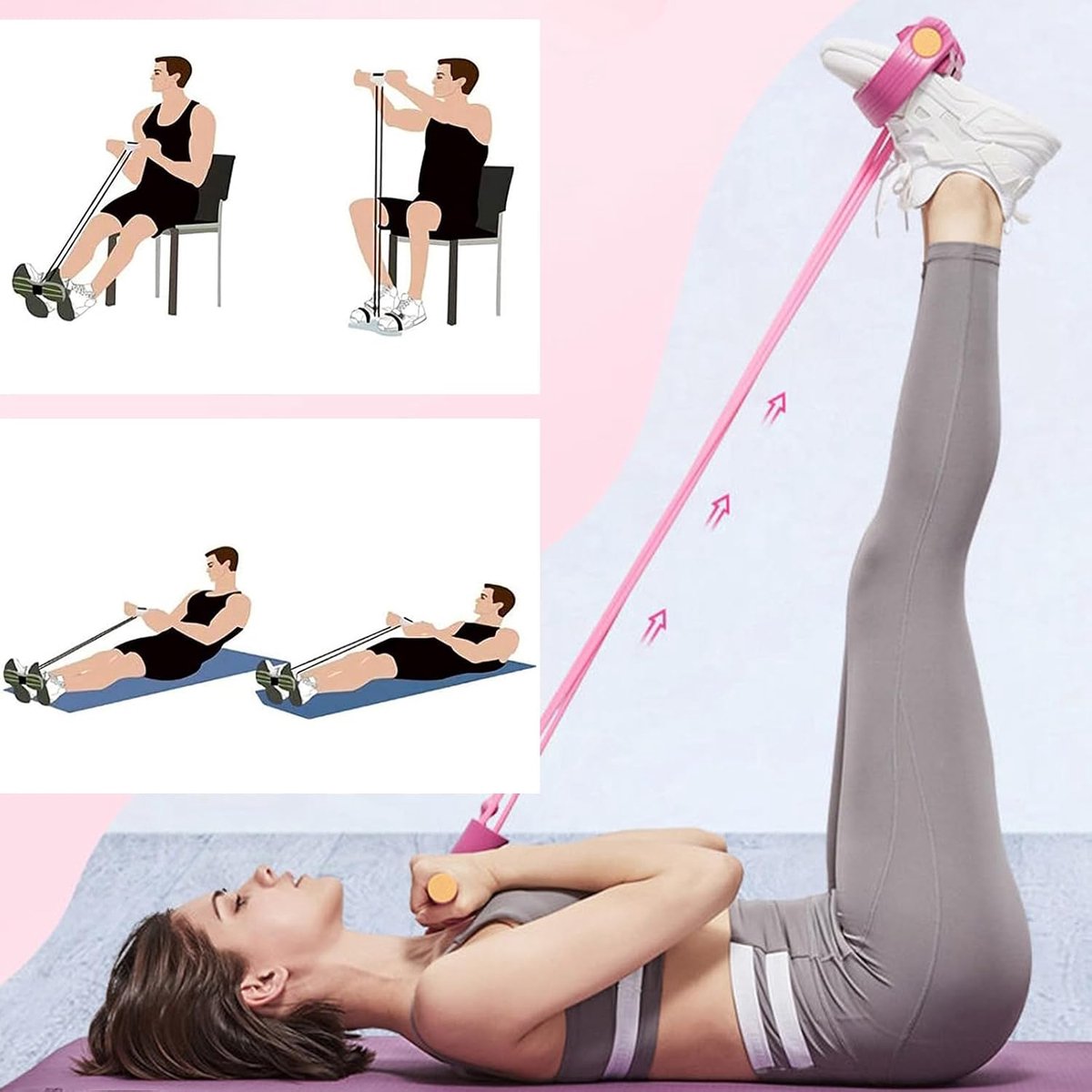 Buiktrainer met weerstandsband in figuur 8 en elastische band, buikspiertrainer, full-body expander voor elastisch trekkoord