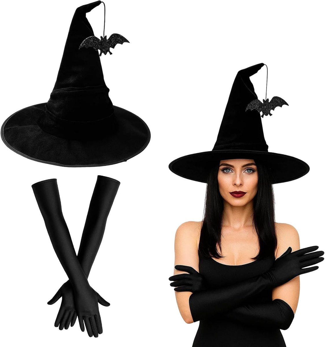 2 heksenhoed dames en kinderen, heksenaccessoireset met handschoenen, heksenkostuum dames voor Halloween, carnaval en themafeesten, zwart, hoogte 38 cm, 53 cm handschoenen