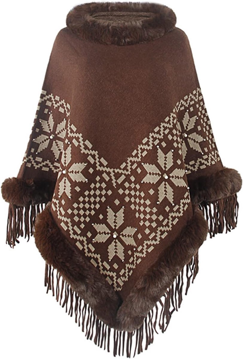 Girl Dames poncho winter gebreide trui cape met franjes en kraag van imitatiebont wikkelsjaal