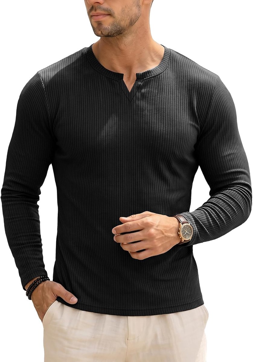 Cmdr Heren slim fit shirt met lange mouwen V-hals lange mouwen en korte mouwen sport casual T-shirt spieren workout top onderhemden