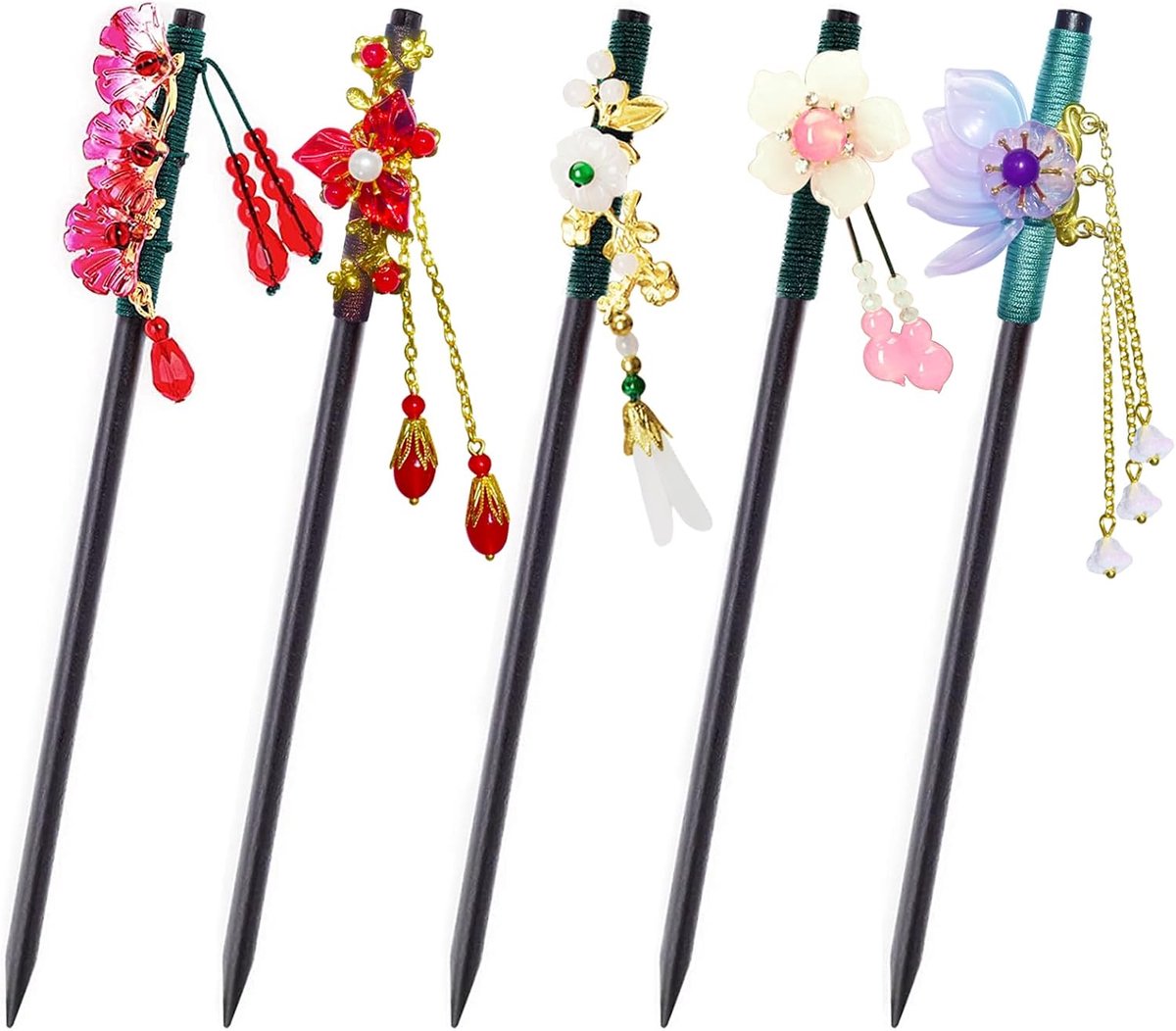Haarstokjes,5 PCS Vintage Haarspeld Bloemen Haar Eetstokjes Met Kwastje Oude Haarspeld Chinese Haarstokjes Haar Decor Haar Stick Klassiek Oosters Rijm voor Vrouwen Meisjes Haarstyling
