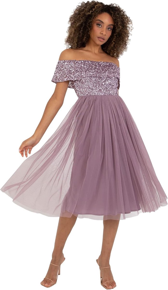 Deluxe Dames Bardot Dresses Midi High Empire Waist Pailletten Embellished Formeel Evening for Wedding Guest Jurk voor bruidsmeisjes dames, Moody Lilac, 46 NL