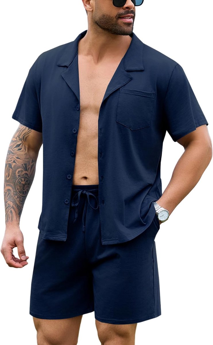Herenpyjama-set met korte mouwen, geruite pyjama's, katoen, geruite loungewear, top en broek, 2-delige nachtkleding, nachtkleding klassiek met zakken
