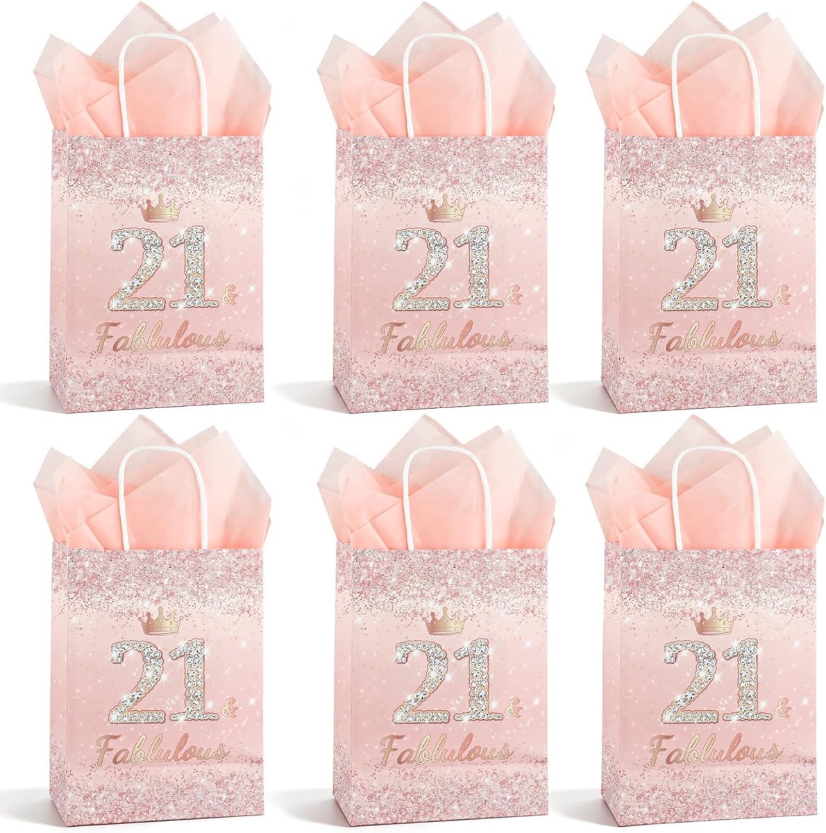 6 geschenkzakjes voor de 21e verjaardag, roze en goud met pailletten, "21 & Fabulous" met handgrepen en cadeaukaart, voor verjaardagscadeaus en feestjes