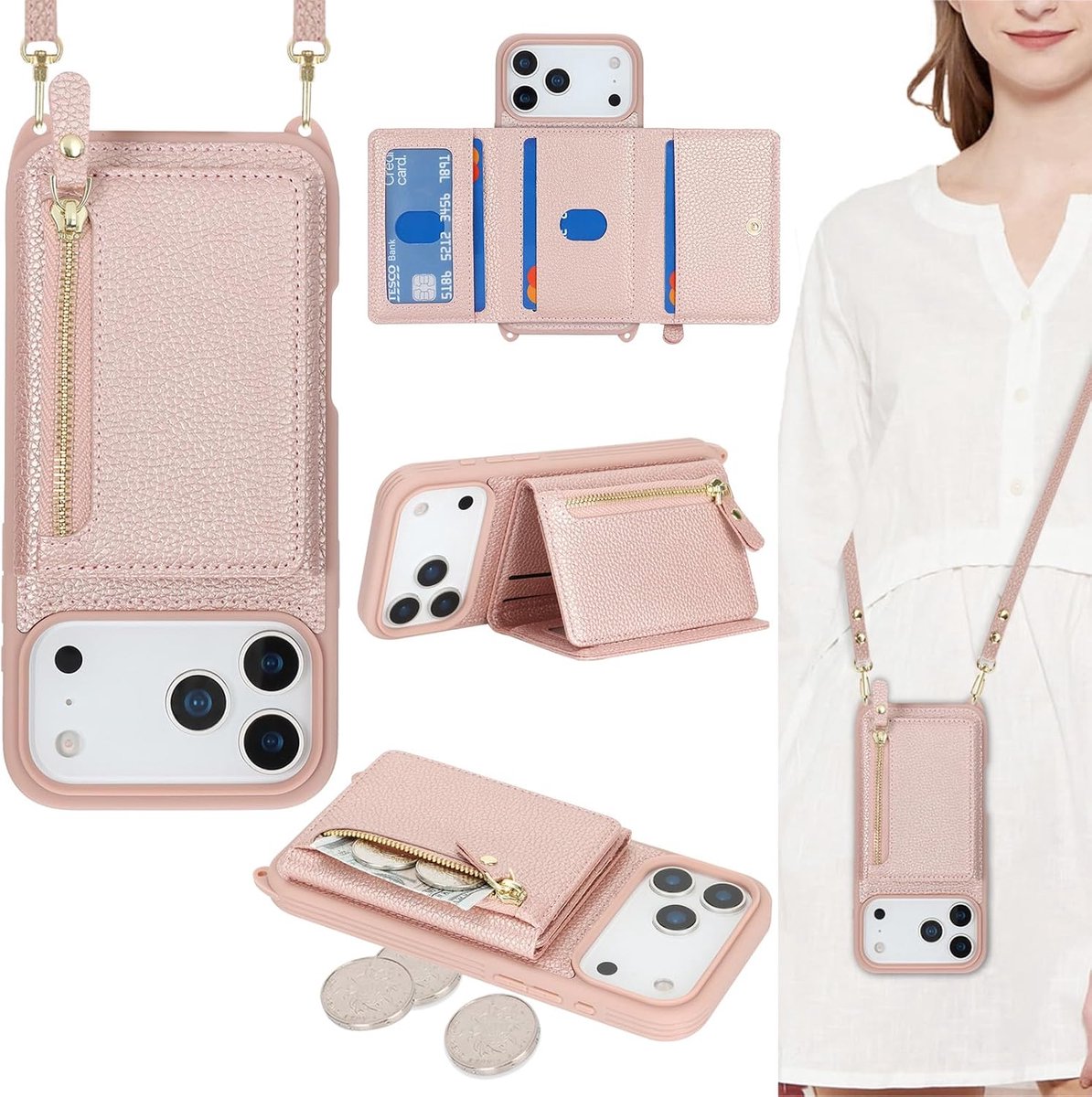 For iPhone 17 Pro Hoesje met verstelbare collier, kaarthouder Case with Strap (roségoud)