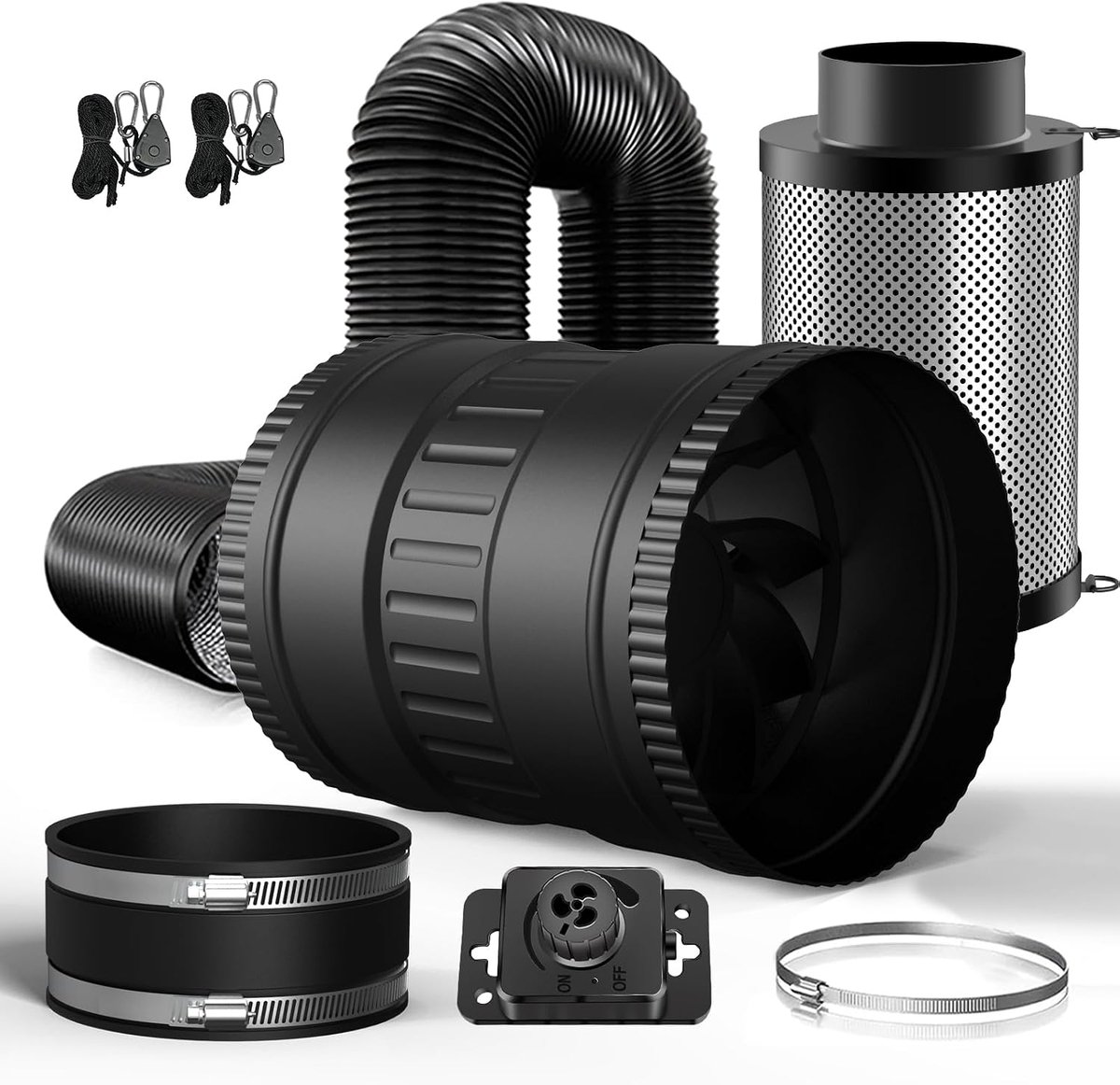 150 mm luchtafvoerset, inline buisventilator met snelheidsregelaar, actief koolstoffilter, afvoerslang en rubberen klemmen, ventilatiesysteem voor