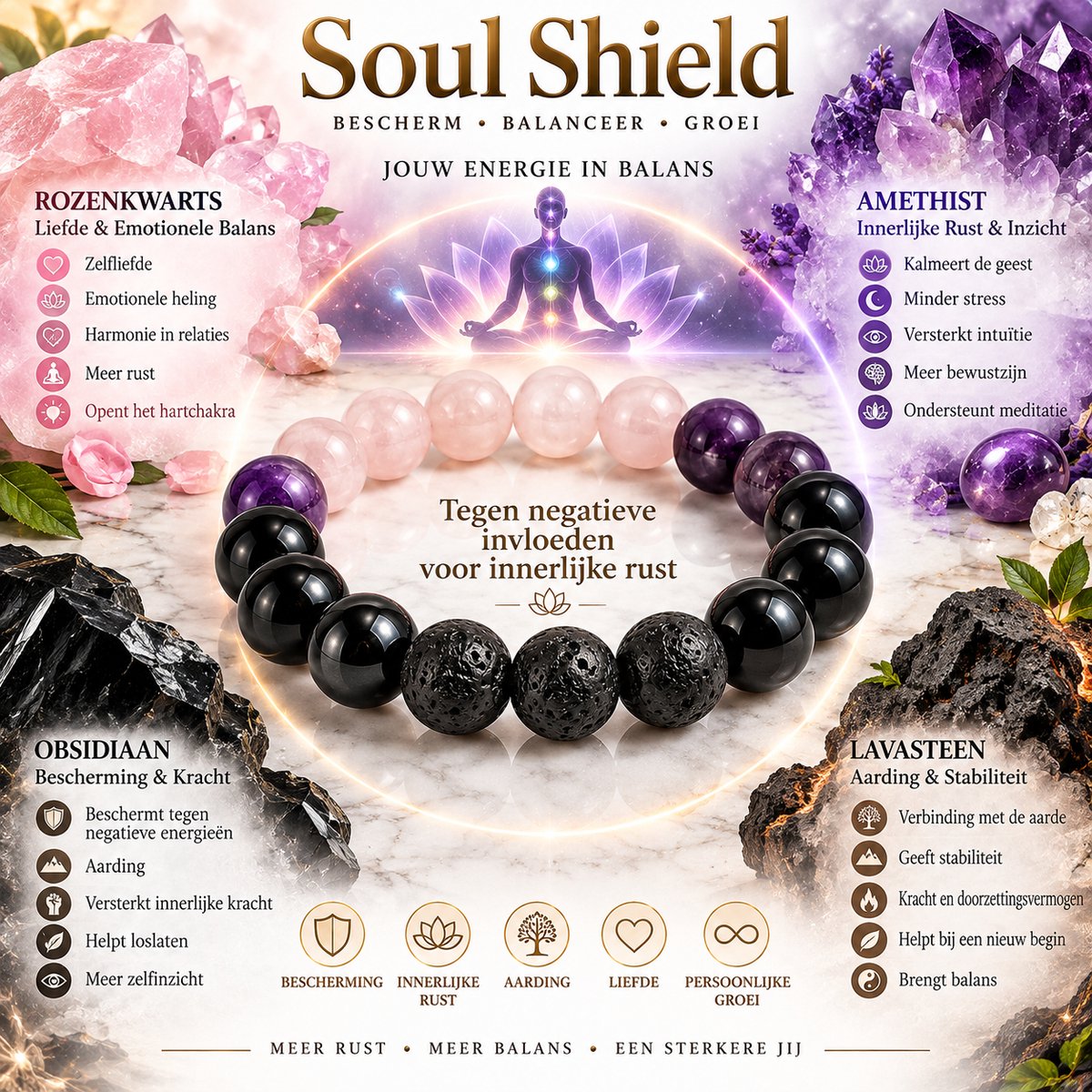 S4H® Soul Shield Edelstenen Armband – Rozenkwarts, Amethist, Obsidiaan & Lavasteen – Bescherming, Aarding & Innerlijke Rust