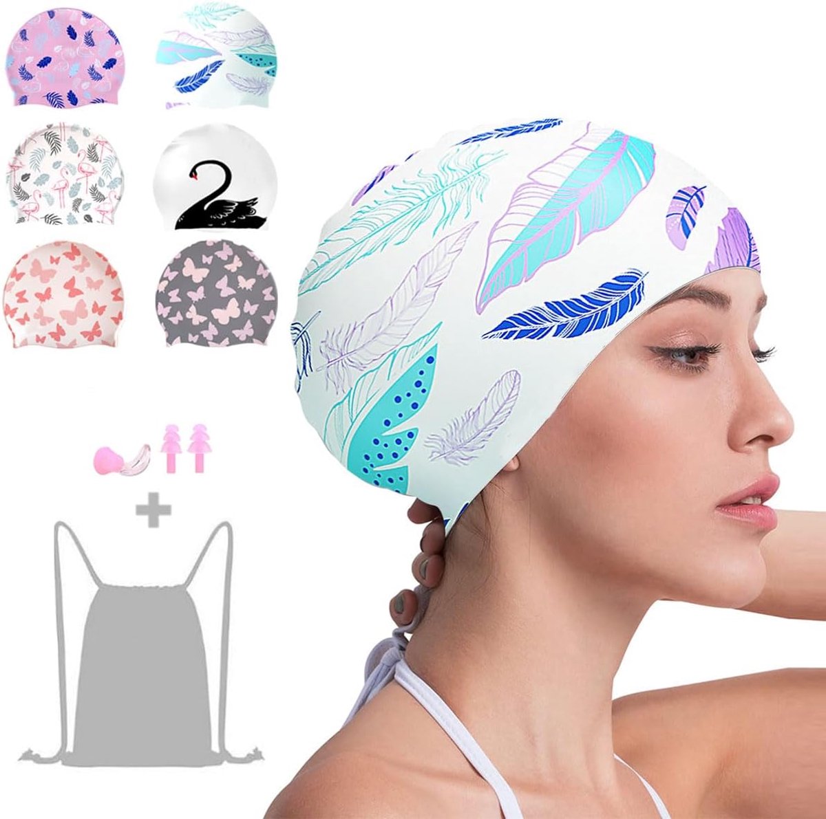 Badmuts voor dames, zwemmuts met oordopjes en neusklem, rekbaar, comfortabel voor lang haar, modieuze zwemmuts