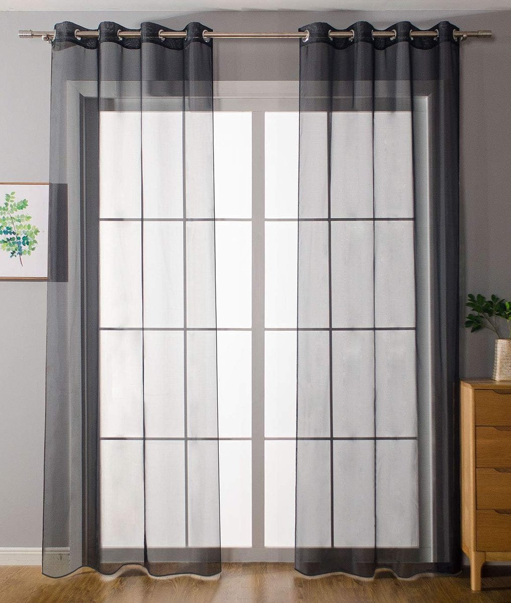 203322 Set van 2 gordijnen met inslagringen, transparant, voor woonkamer, voile, met loodband, H x B 225 x 140 cm, zwart