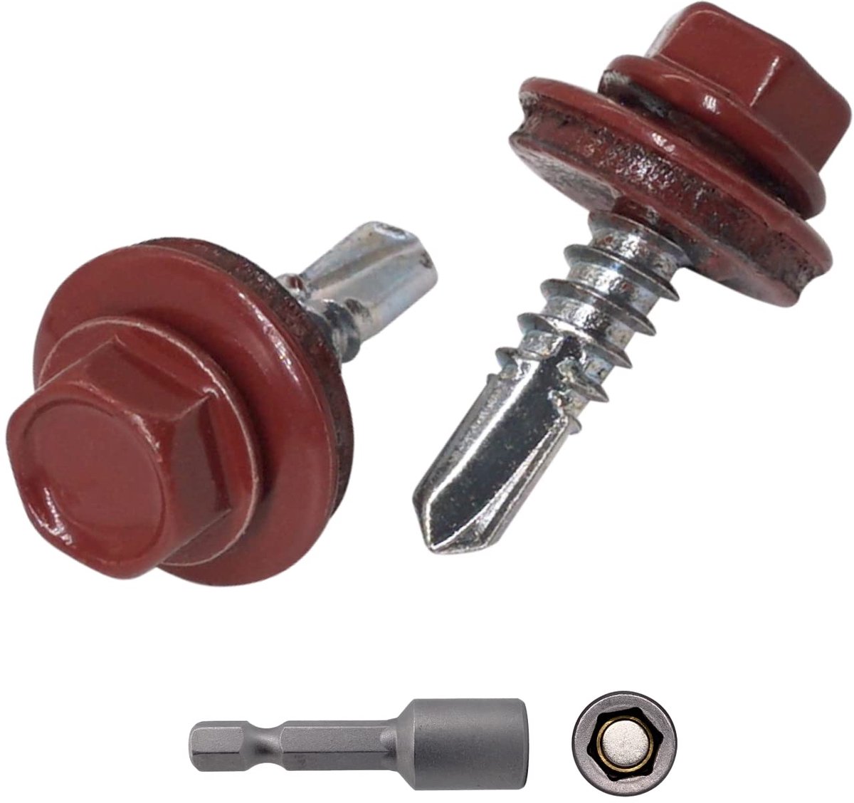 200 stuks metalen dakschroeven, 4,8 x 19 mm, zelfborende schroeven gelakt met EPDM-ringen, plaatzeskantschroeven (200, oxiderend rood RAL 3009)