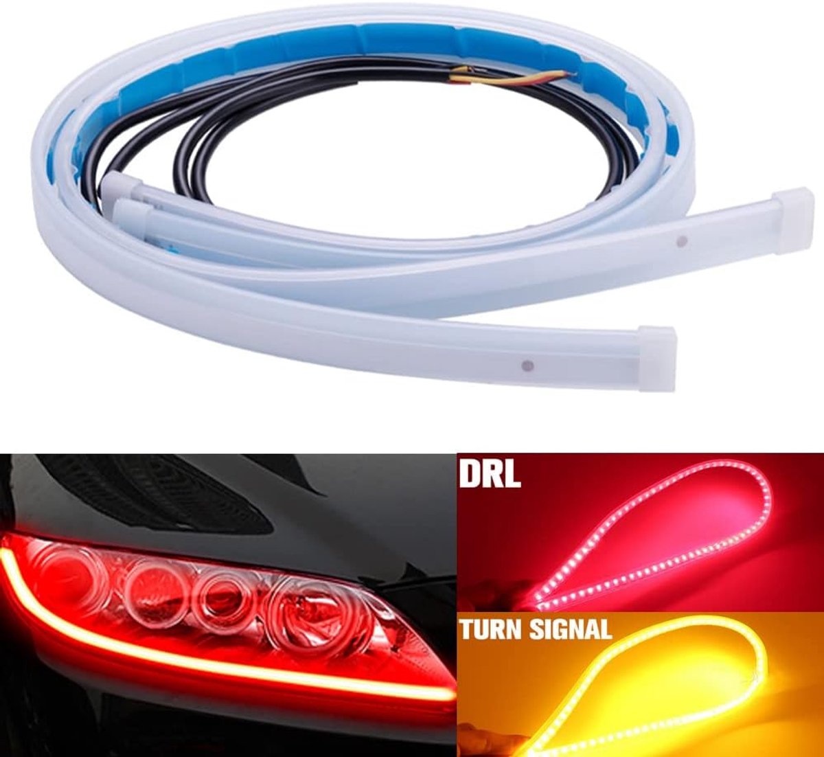 60cm 24inch Rood+Geel LED Dagrijverlichting Auto Vloeiende Sequentiële Richtingaanwijzer Geleidestrip Koplamp Assemblage Auto Motorfiets Accessoires 2-Pack