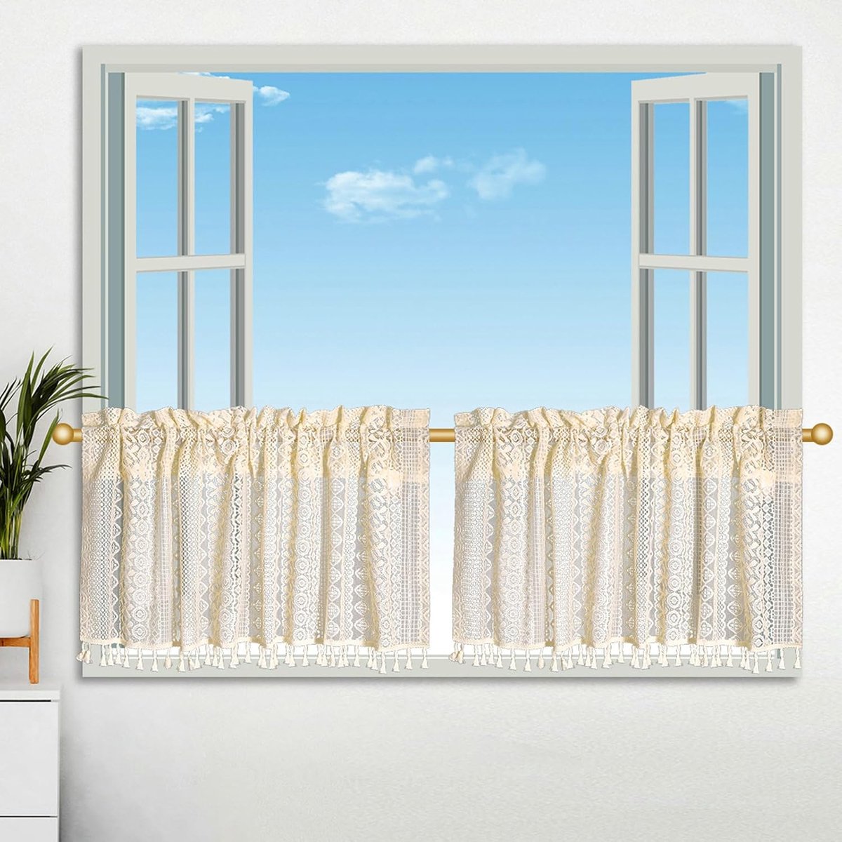 Vitrage korte landelijke stijl, gordijnen kort raam 90 x 45 cm boho met patroon bloemen geometrie semi-transparante gordijnen beige keukengordijnen bistrogordijnen set 2-delig
