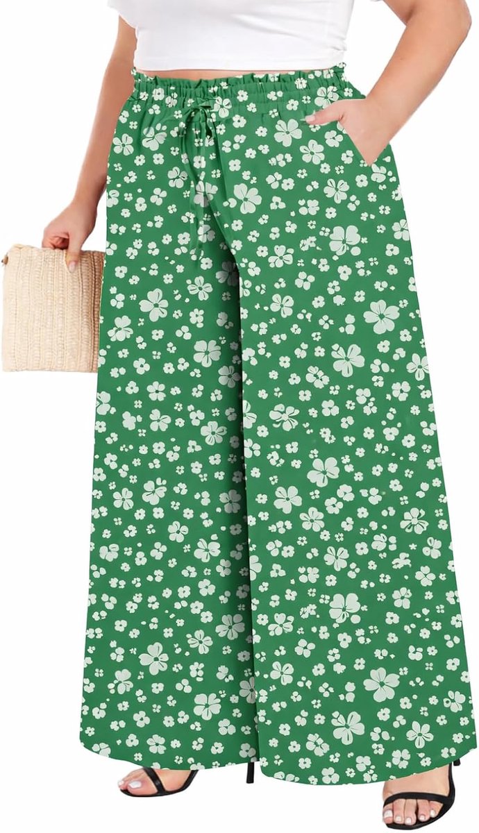 Wood Dames Broek Wijde Pijpen Zomer Boho Casual Stoffen Palazzo Broek met Ruches Hoge Taille en Zakken Grote Maten