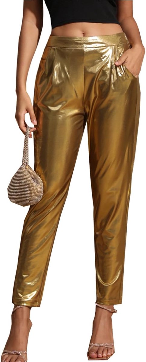 Dames Glitter Metallic Glanzende Glanzende Broek Hoge Taille Pull on Broek Party Disco Nachtclub Clubwear