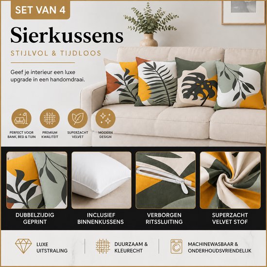 Vier sierkussens met een abstract bladpatroon in oranje, geel, groen en crème, op een beige bank. Close-ups tonen dubbelzijdig printen, vulling, rits en stof.