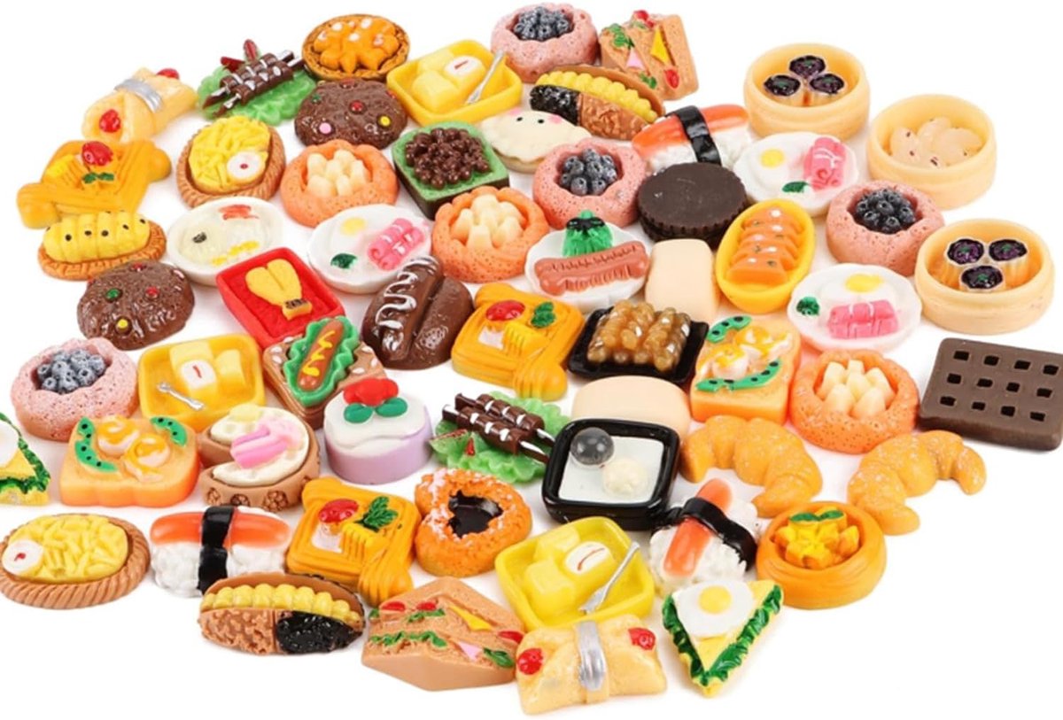 Accessoires, 100 stuks mini-levensmiddelen, gemengd speelgoed, speelgoed voor poppenkeuken, set van neplevensmiddelen voor symboliek spel, poppenhuis accessoires (willekeurige stijl)