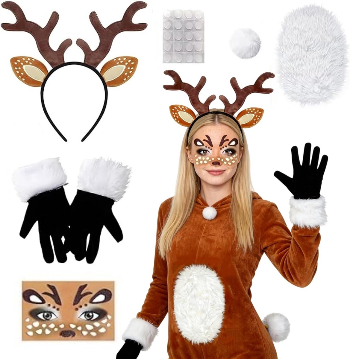 Hertenkostuum voor volwassenen, rendier, carnaval, eland, accessoireset, 6 stuks, handschoenen, hoofdband, staart, pluche buik, gezichtstatoeage, grappig hertenkostuum voor carnaval, maskerade