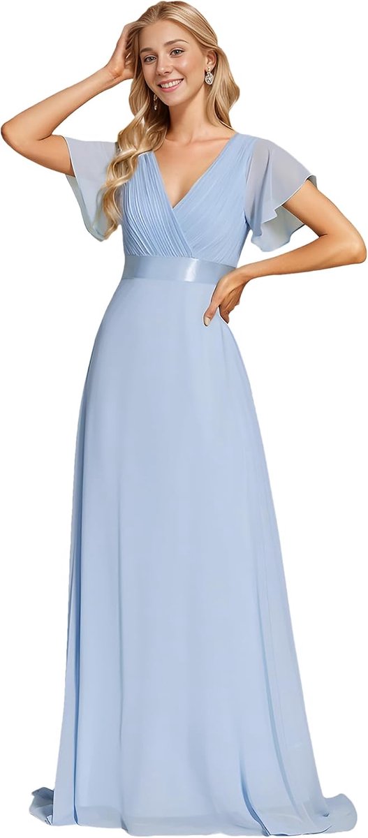 Vrouwen Klassieke Chiffon Korte Mouw Geplooide V-hals Floor Lengte Bruidsmeisjes Jurken 09890