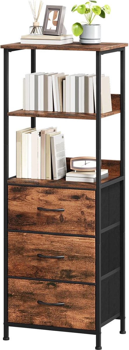 5laags boekenkast met stoffen lades, kast, opbergkast met displayplank voor woonkamer slaapkamer thuiskantoor, Houtnervoorstelling, 30D x 42B x 115H (3 laden)