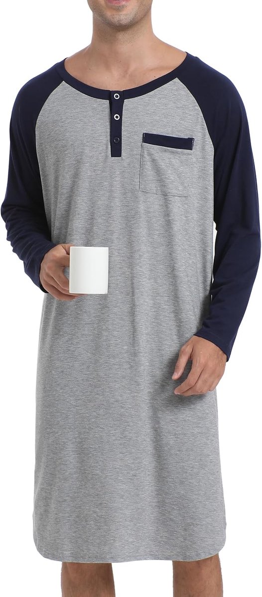 Nachthemd voor heren, slaapshirt, katoen, lang, zacht, ademend, nachthemd, lange mouwen, nachthemd, ziekenhuis, slaapkleding om uit te rusten