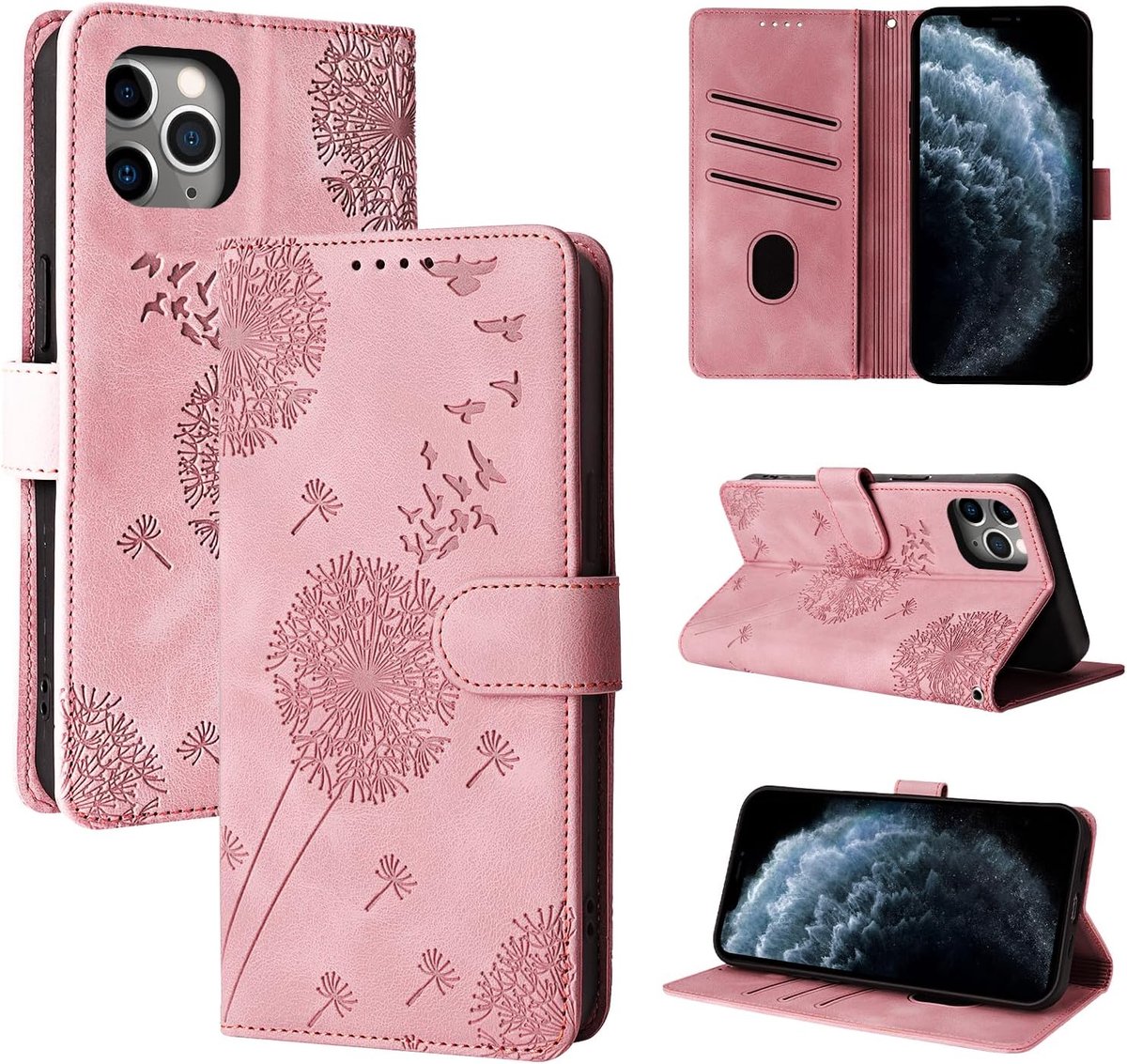 Telefoonhoes voor iPhone 11 Pro, paardenbloem, PU-leer, flipcase, portefeuille, tasje, hoes, magnetische telefoonhoes voor iPhone 11 Pro, roségoud