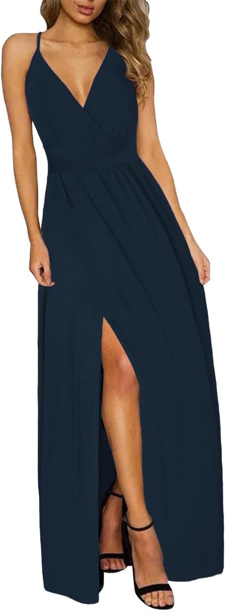 Schoudervrij, V-hals, elegant, korte mouwen, casual, cocktailjurk, avond, zomer en lente, A-Blauw - 1, M