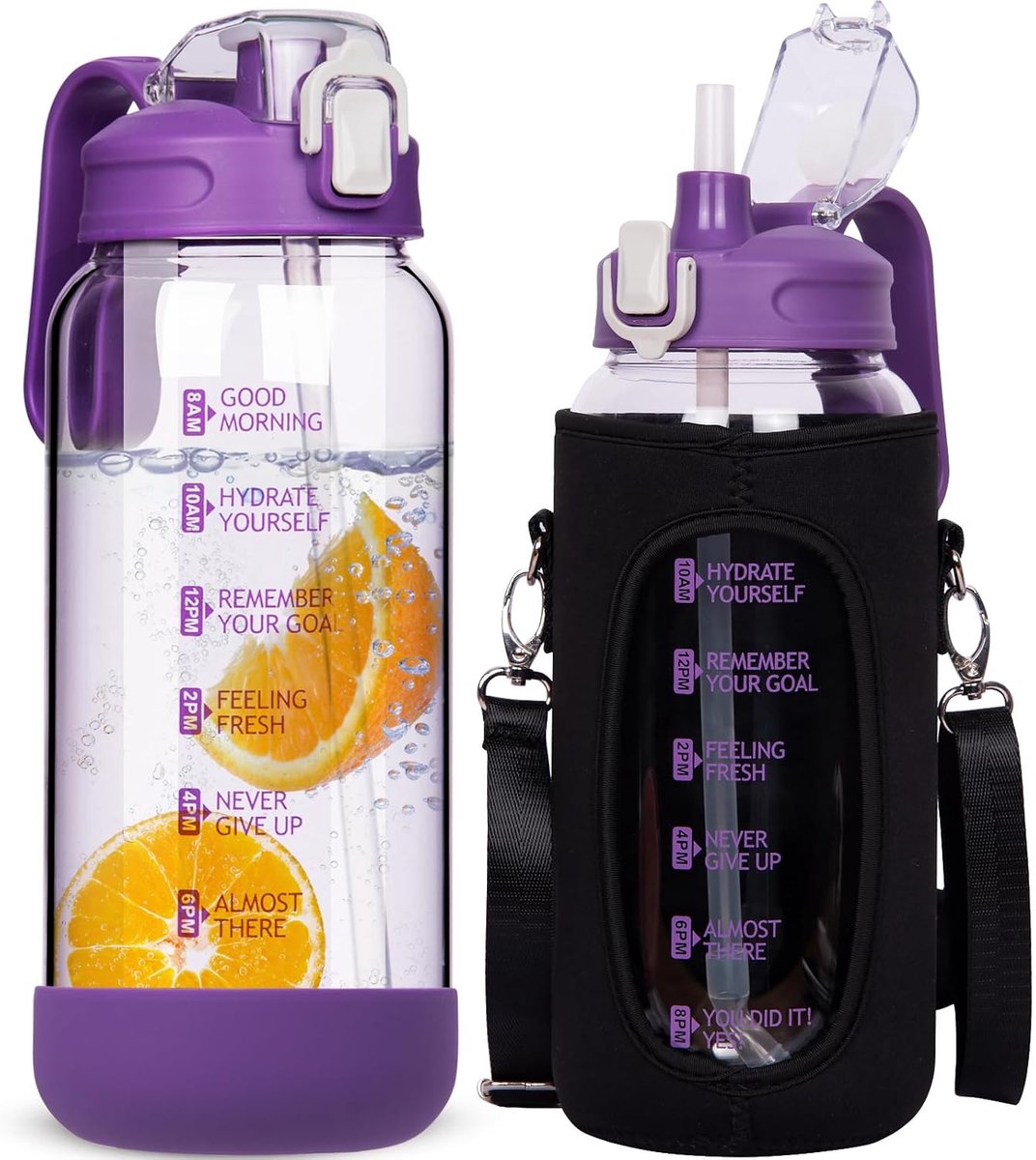 2-liter waterfles met rietje en tijdmarkeringen, grote lekvrije motiverende drinkfles, kruikvormig met deksel, bpa-vrij