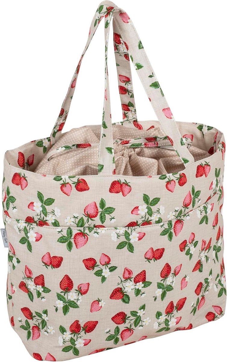 Garen opbergtas - Natuurlijke zoete aardbeien - 43 x 29 x 17 cm - Katoen met trekkoordsluiting - Voor handwerk en hobby