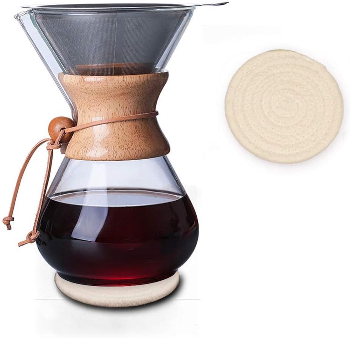 Houten nek giet over koffiezetapparaat met herbruikbaar roestvrij stalen filter en onderzetters, 800 ml borosilicaat glazen koffiekan, houten kraag, koffie druppelaar brouwer, geschikt voor