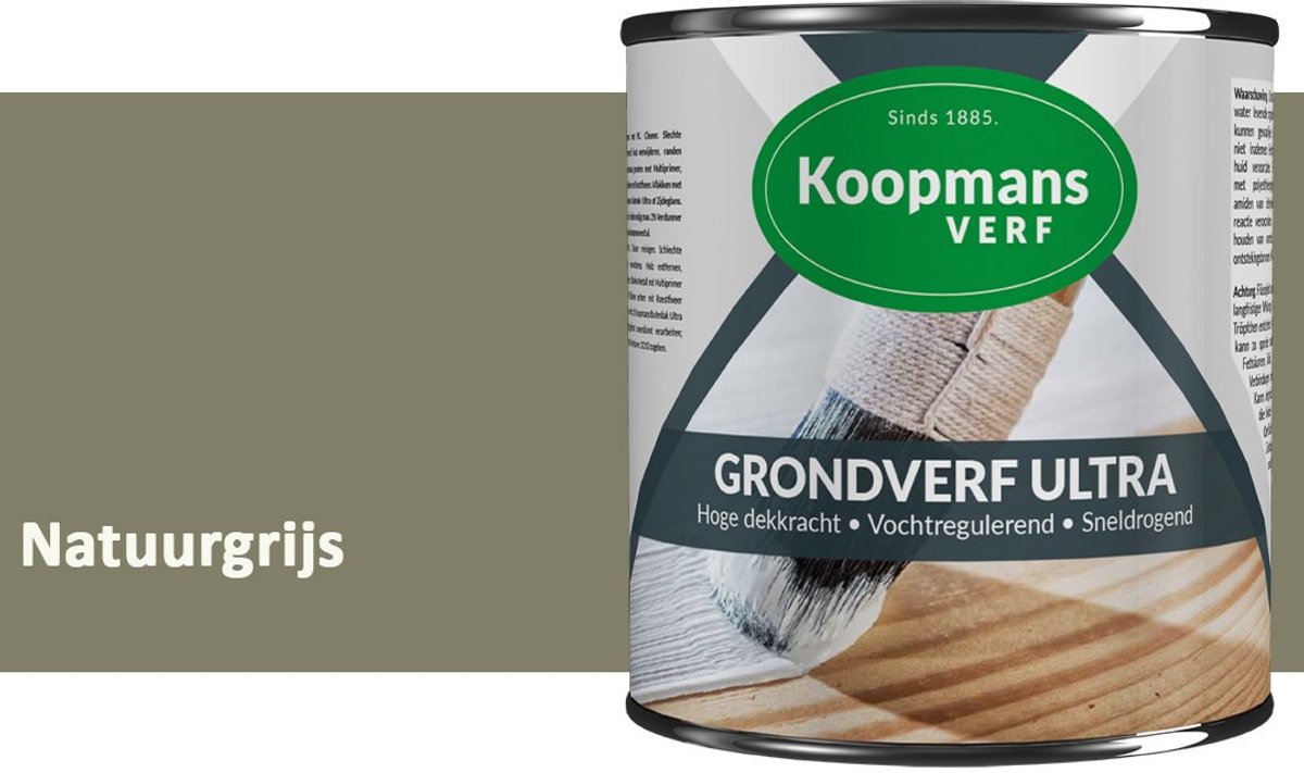 Koopmans Grondverf Ultra – Grondverf Hout & Metaal Binnen en Buiten – Vochtregulerende Primer – Hoge Dekking – Zijdeglans – Natuurgrijs – 750 ml
