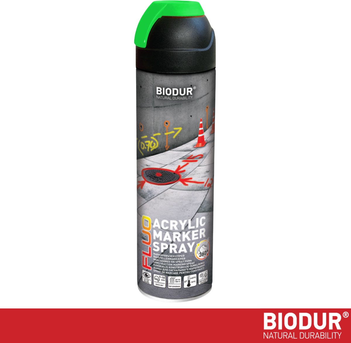 BIODUR Acryl Markeerspray - Groen - 500 ML - Fluorescerend - 360 graden Ventiel - Weer/UV-bestendig - Sneldrogend - Hoge zichtbaarheid