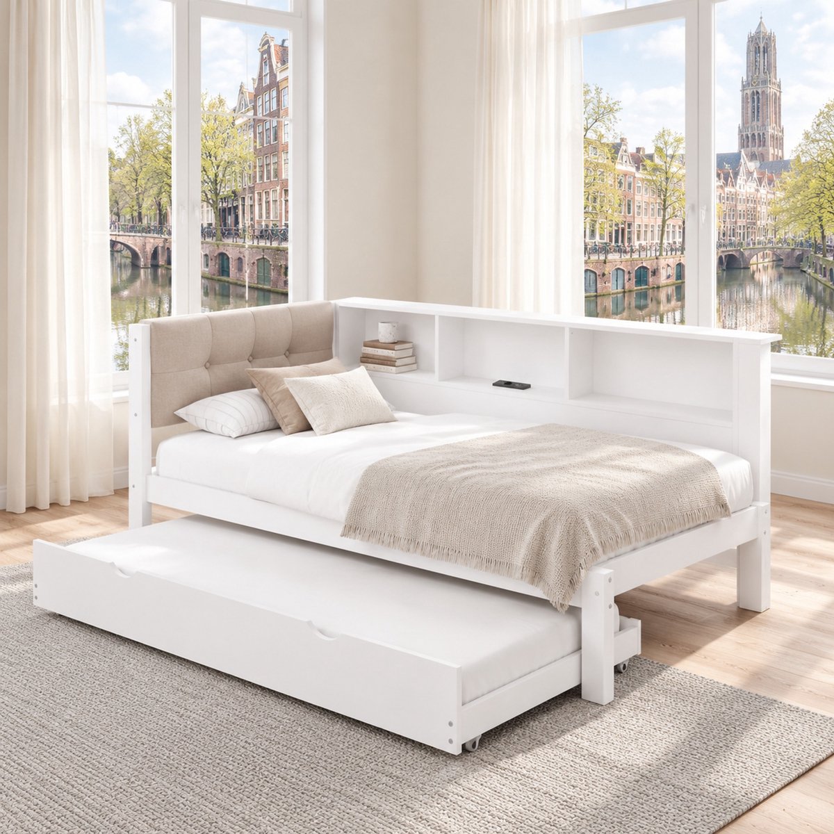 WUVRIE Bedbank 90x200 cm met uitschuifbed, 3 legplanken, dimbare LED en USB, wit, zonder matras