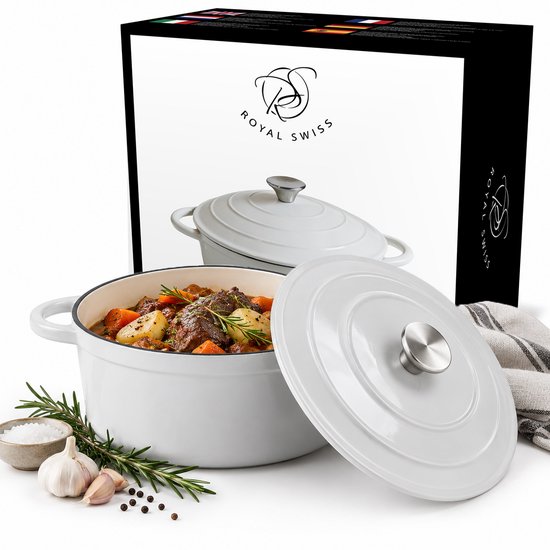 Royal Swiss® braadpan 22 cm–gietijzeren pan–braadpan inductie–Geëmailleerde Gietijzeren Stoofpan–Ovenbestendig Met Deksel Crème